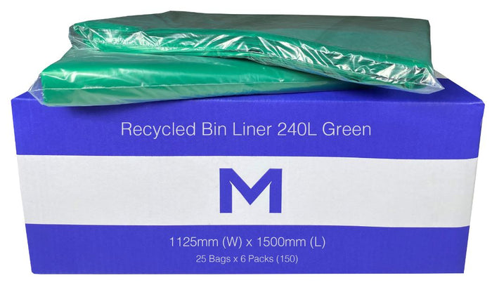 240L Green Recycled Bin Liners x 150's pack (1125 x 1500mm x 30mu) MPH2644