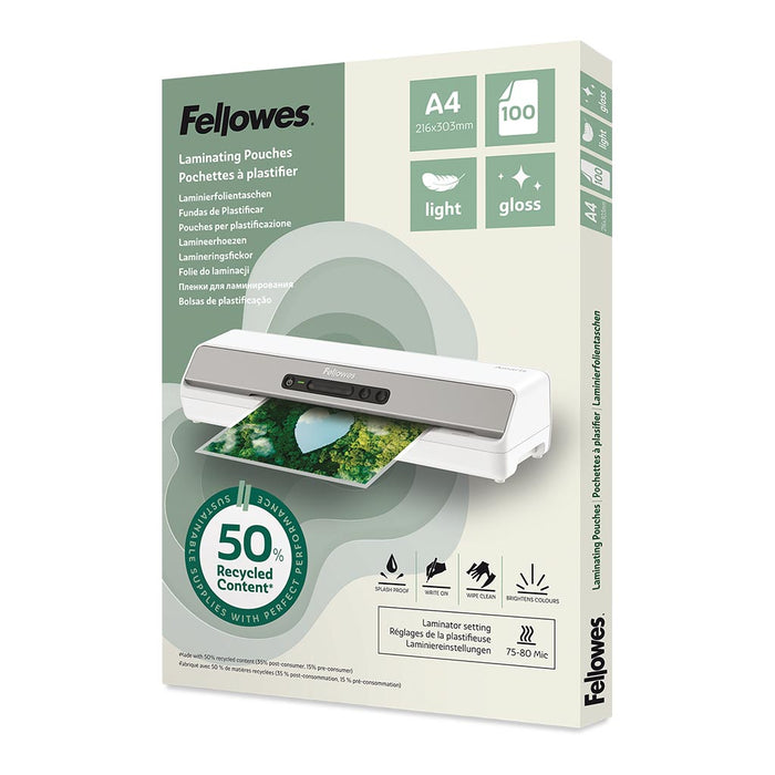 Fellowes Laminating Pouches Light Recycled Content A4 Gloss, Pack of 100 FPF100142987