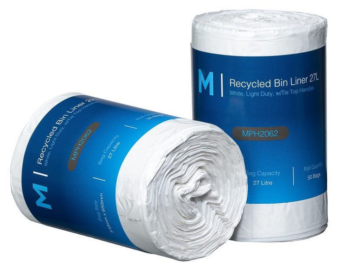27L Waste Disposable Recycled Bin Liners with Tie Top Handle, 510mm x 650mm x 15mu, White x 1000 Pieces MPH2062