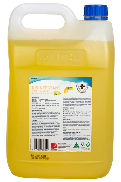Northfork Hospital Grade Lemon Scent Disinfectant 5 Litres x 3's pack
