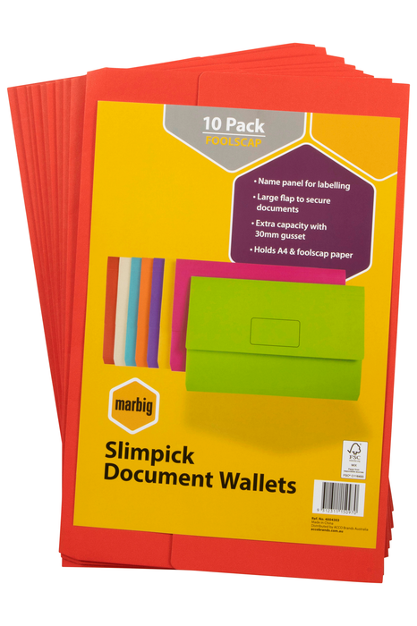 Marbig Foolscap Cardboard Document Wallet, 30mm Gusset, Red, 10's pack