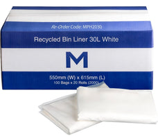 30L White Recycled Bin Liners x 2000's pack (550mm x 615mm x 11mu) MPH2030