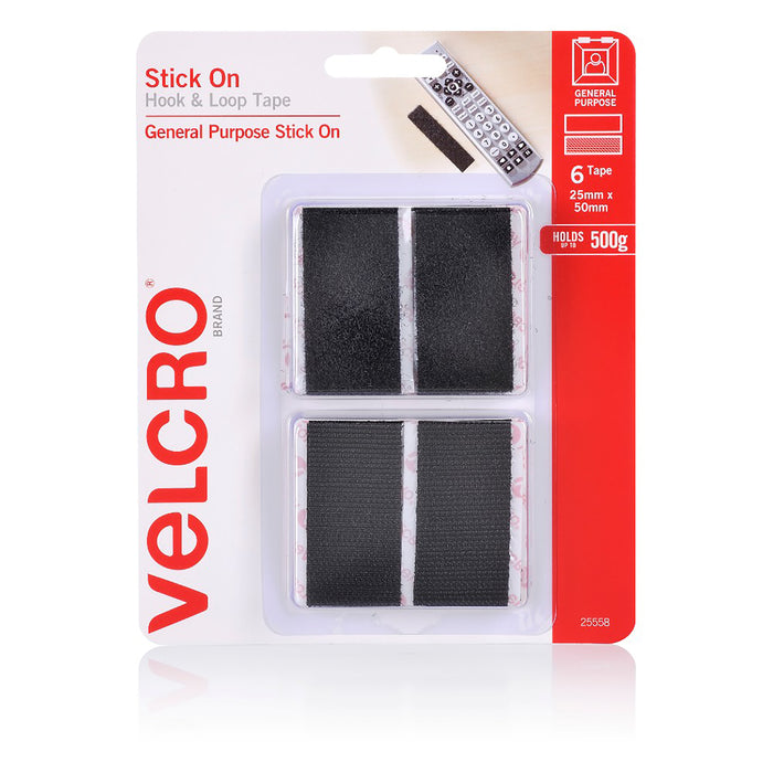 Velcro 25mm x 50mm Black Hook & Loop Rectangles x 6's pack