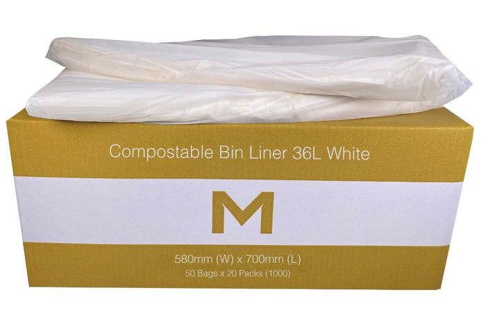 36L Waste Disposable Compostable Bin Liners, 580mm x 700mm x 20mu, White x 1200 Pieces MPH2045