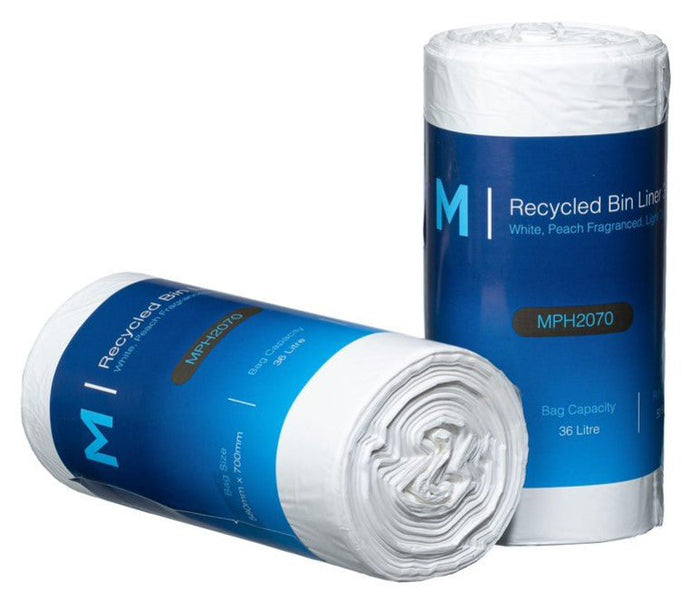 36L Waste Disposable Recycled Bin Liners, 580mm x 700mm x 15mu, Peach Scented, White x 1450 Pieces MPH2070