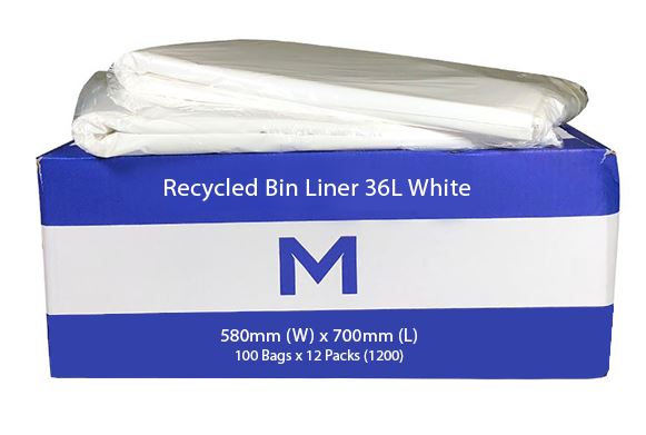 36L Waste Disposable Recycled Bin Liners, 580mm x 700mm x 20mu, White x 1200 Pieces MPH2040