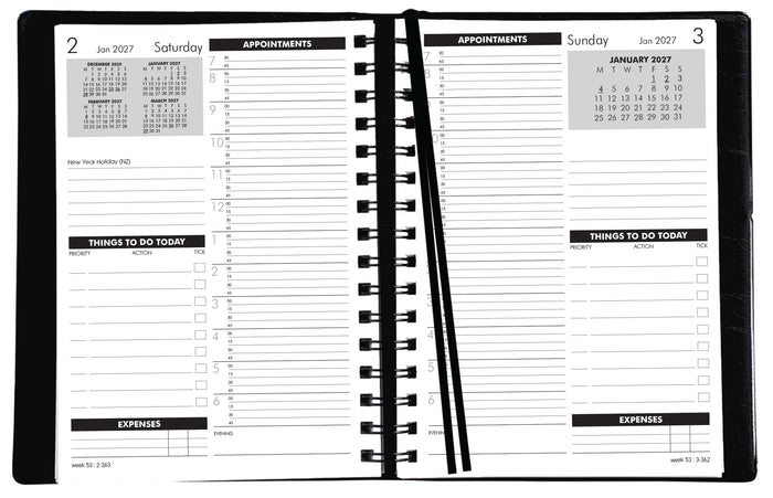 2027 Collins MDA51A-TM Time Manager Appointment Diary, Day Per Page, Wiro Bound, PVC Slip Case Cover, Black