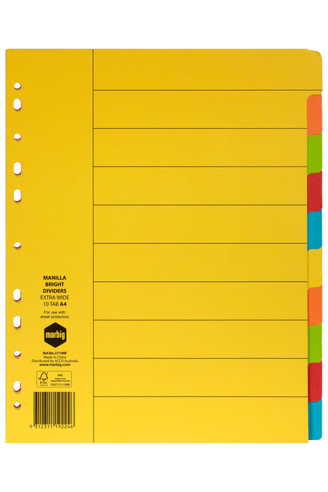 Marbig A4 Extra Wide Bright Coloured Manilla Dividers 10 Tabs