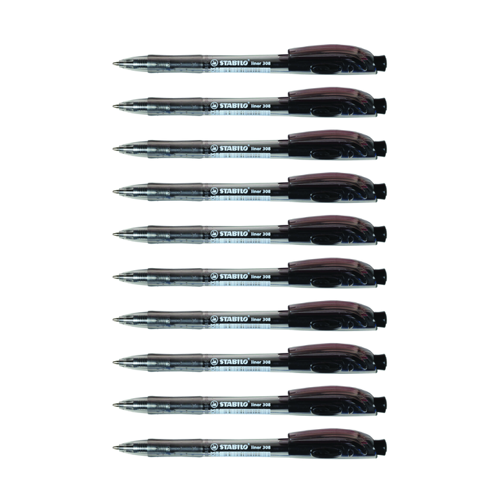 Stabilo 308 Liner Retractable Ballpoint Pen Black - Pack of 10