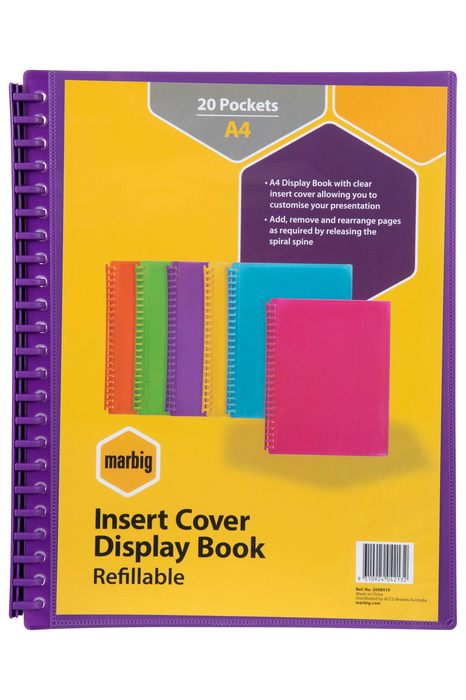 Marbig A4 20 Pocket Insertable Cover Refillable Display Book, Purple Cover