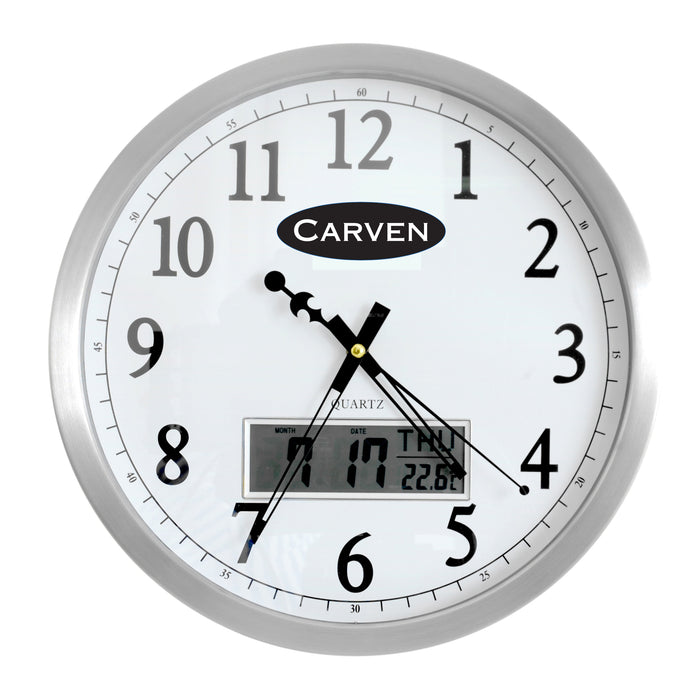 Carven Quartz Wall Clock With LCD Day+Date 350mm Silver