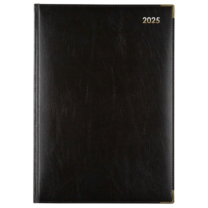 2025 Cumberland A4 Leathergrain Padded Casebound Corporate Diary, Day To A Page, Black