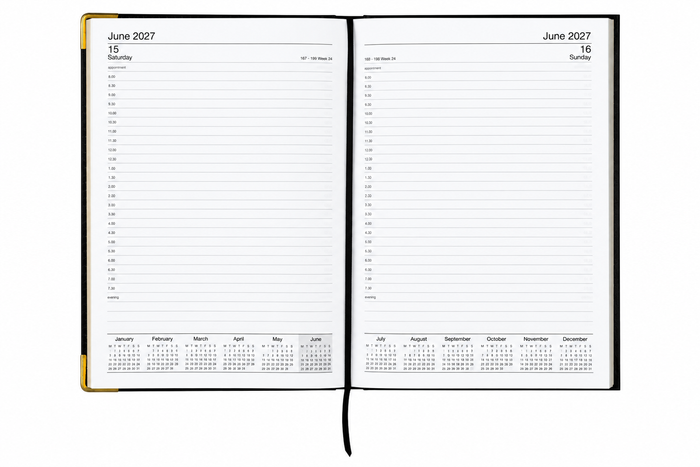 2027 Cumberland A4 Leathergrain Padded Casebound Corporate Diary, Day To A Page, Black