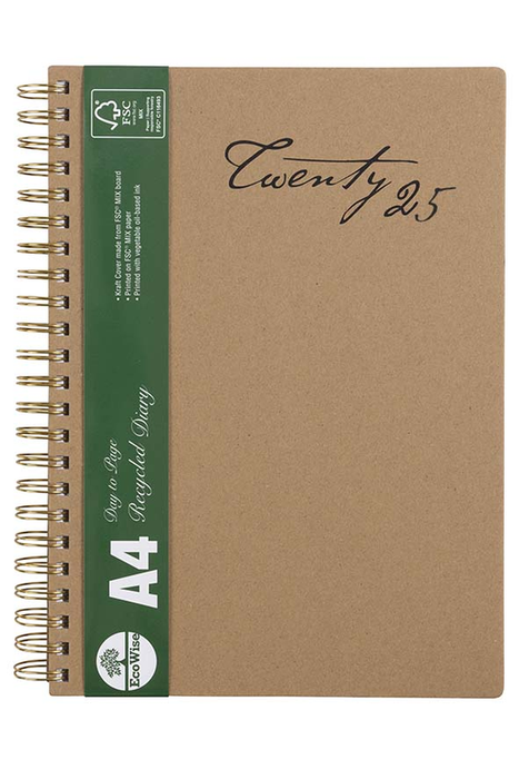 2025 Cumberland A4 Ecowise Spiral Bound Diary, Day To A Page, Kraft