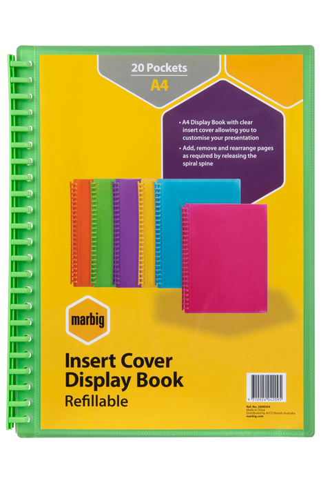 Marbig A4 20 Pocket Insertable Cover Refillable Display Book, Lime Cover