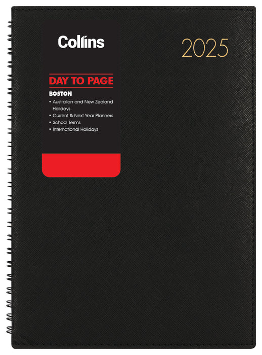 2025 Collins Boston A41 Day Per Page Diary, Black, 210mm x 297mm