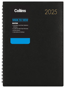 2025 Collins Boston A43 Week To View Diary, Black, 210mm x 297mm