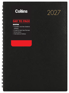 2027 Collins Boston A51 Day To Page Diary, Wiro Bound, Black, 148mm x 210mm