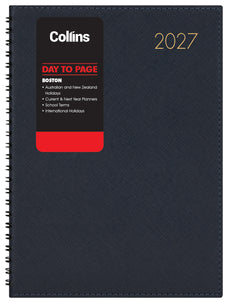 2027 Collins Boston A51 Day To Page Diary, Wiro Bound, Navy, 148mm x 210mm