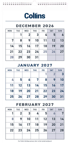 2027 Collins Wiro Bound Three Months To View Calendar, 290mm x 620mm