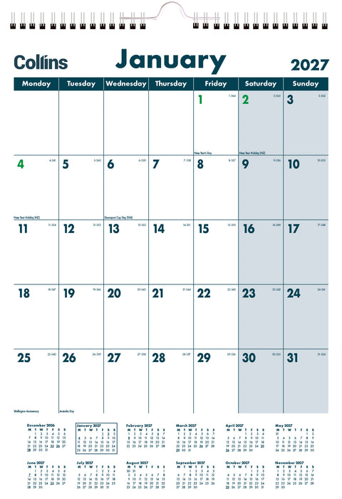 2027 Collins Wiro Bound Laminated A3 Month To View Calendar, 297mm x 420mm