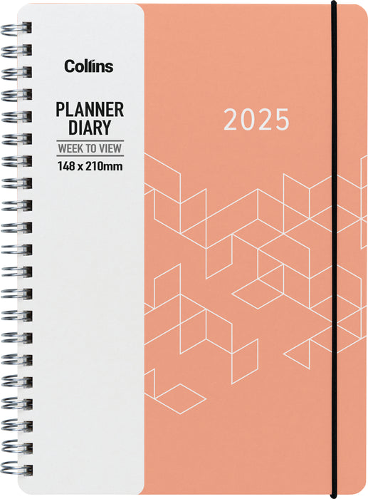 2025 Collins Fascinate A53 Diary, Week To View, Wiro Bound, Coral Pink, 148mm x 210mm