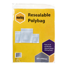 305 x 440mm Zip Lock, Resealable Bags with Writing Panel x 25's pack, Transparent Bags