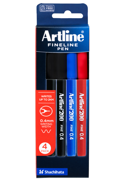 Artline 200 Fineliner Assorted Colours Pen 0.4mm x 4's Pack