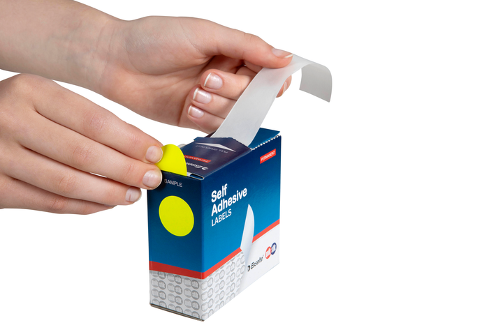 Quikstik Label Dispenser Circle 24mm Fluoro Yellow 350 Labels, Permanent Adhesive