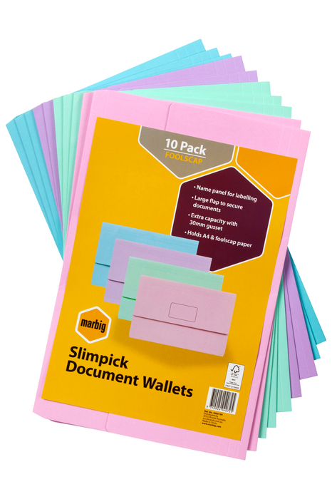 Marbig Foolscap Cardboard Document Wallet, 30mm Gusset, Assorted Pastel Colours, 10's pack
