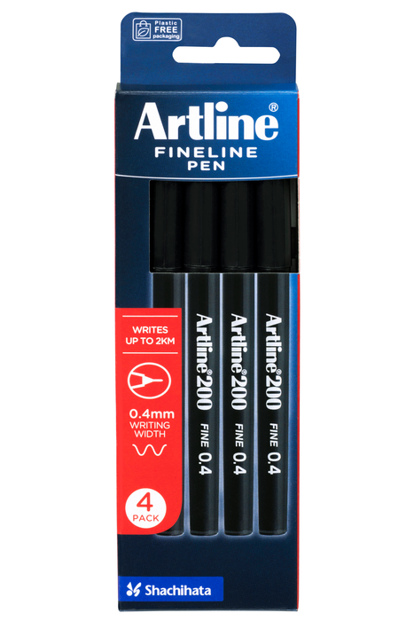 Artline 200 Fineliner Pen 0.4mm Black x 4's Pack