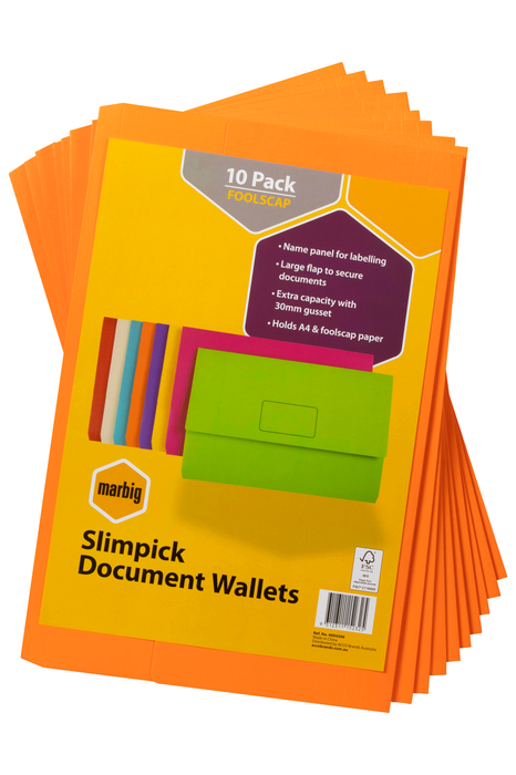 Marbig Foolscap Cardboard Document Wallet, 30mm Gusset, Orange, 10's pack