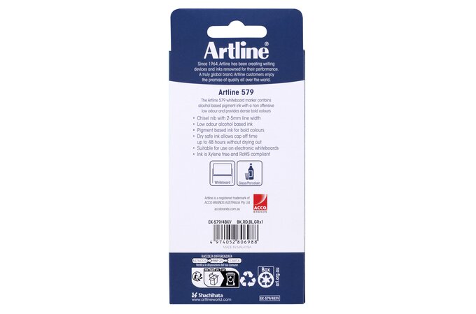 Artline 579 Whiteboard Marker 5mm Chisel Nib 4's pack