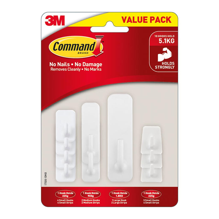 Command Assorted Sizes White Hook, Pack of 10 (17500-10)