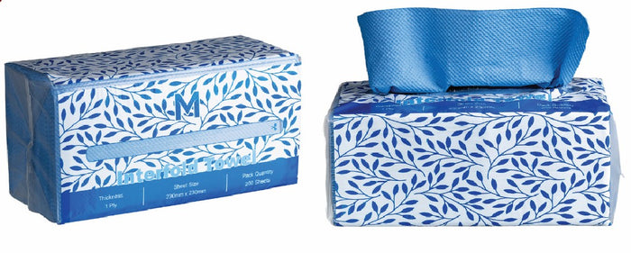 1 Ply Interfold Blue Paper Towels 230mm x 230mm - 15 Packs x 200 Sheets (3000 Towels)