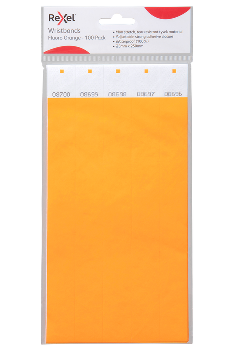 Rexel ID Wristbands, Fluoro Orange, 100's Pack