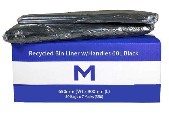 60L Black Recycled Bin Liners with Handles x 350's pack (650mm x 900mm x 30mu) MPH2315