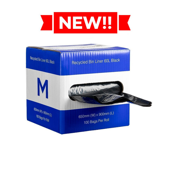 60L Black Recycled Bin Liners x 100's pack (650mm x 900mm x 30mu) MPH2316