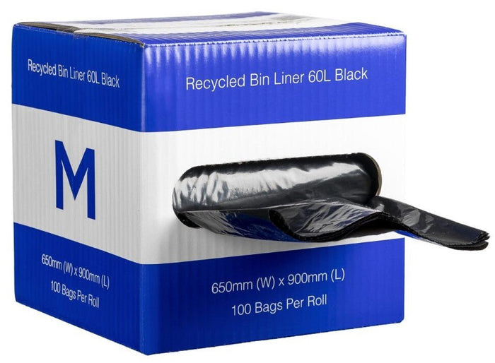 60L Black Recycled Bin Liners x 100's pack (650mm x 900mm x 30mu) MPH2316