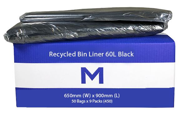 60L Black Recycled Bin Liners x 450's pack (650mm x 900mm x 30mu) MPH2310