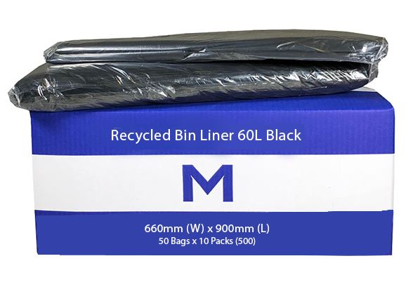 60L Black Recycled Bin Liners x 500's pack (660mm x 900mm x 20mu) MPH2300