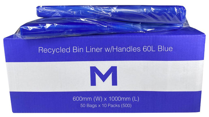 60L Blue Recycled Bin Liners with Handles x 500's pack (600mm x 1000mm x 30mu) MPH2330