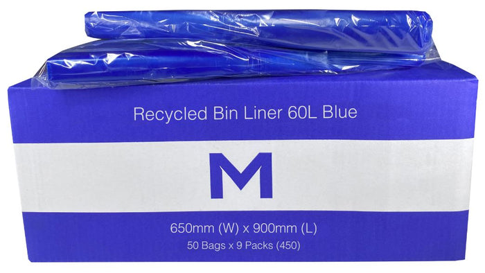 60L Blue Recycled Bin Liners x 450's pack (650mm x 900mm x 30mu) MPH2340