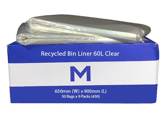 60L Clear Recycled Bin Liners x 450's pack (650mm x 900mm x 30mu) MPH2380