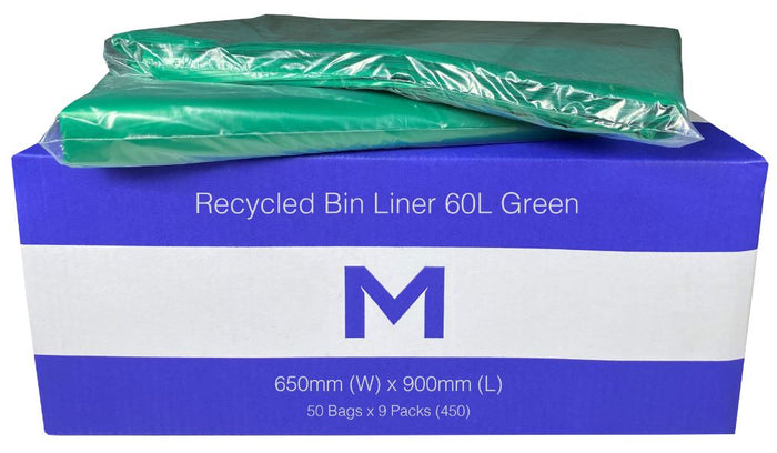 60L Green Recycled Bin Liners x 450's pack (650mm x 900mm x 30mu) MPH2320