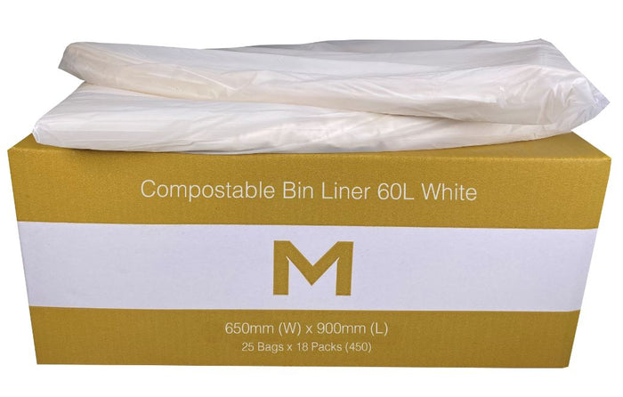 60L White Compostable Bin Liners x 450's pack (650mm x 900mm x 30mu) MPH2325