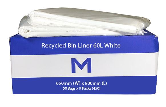 60L White Recycled Bin Liners x 450's pack (650mm x 900mm x 30mu) MPH2311