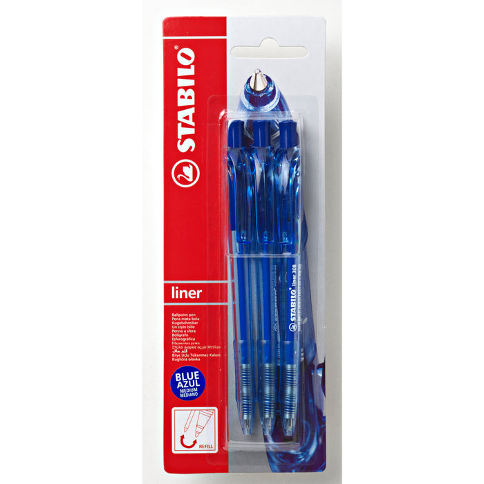 Stabilo Liner Ballpoint Pen, Medium, Blue, 3 Pack