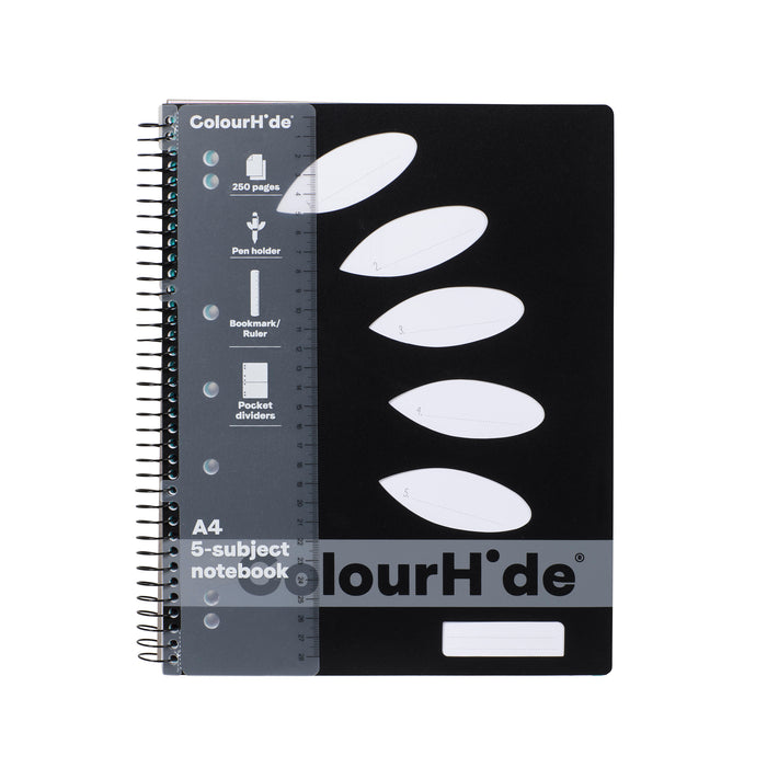 ColourHide A4 Black Polypropylene Cover 5 Subject Book 250 Pages x Pack of 5