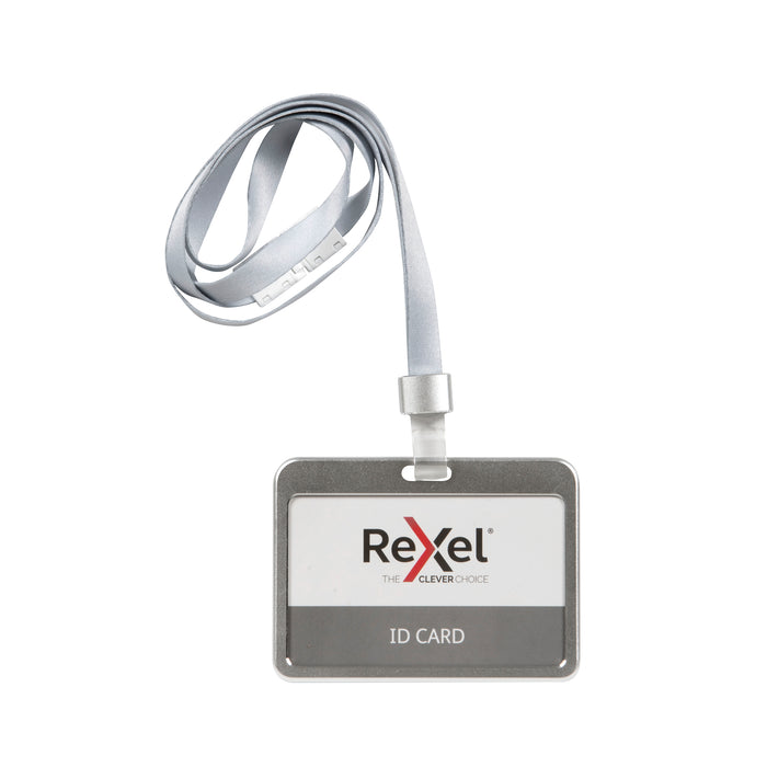 Rexel Aluminium Double Sided ID Card Holder with Lanyard - Silver (Landscape)